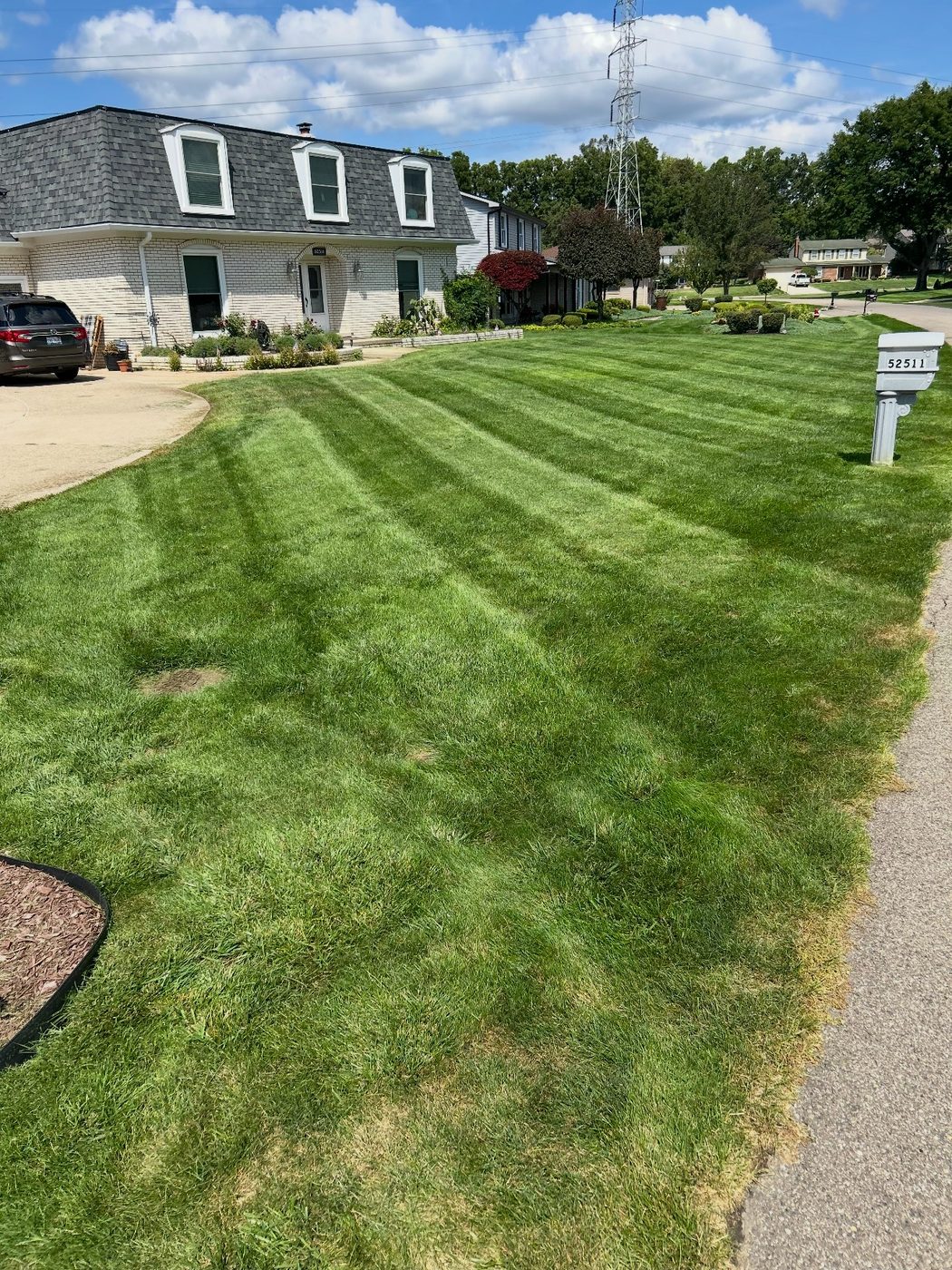 Freshly mowed lawn with clean mower stripes on a front yard in Rochester, MI
