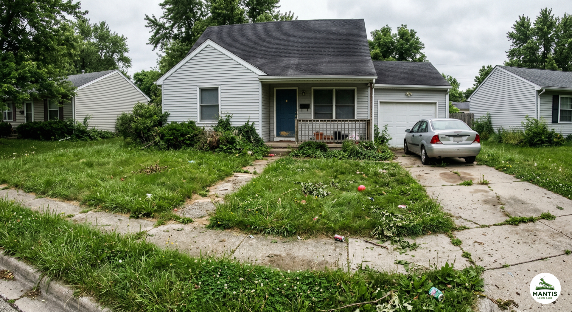 Overgrown front yard before Mantis Lawn Care