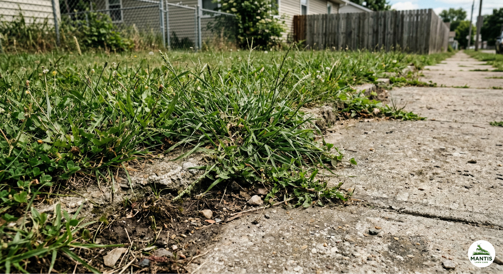 Overgrown sidewalk edging before cleanup