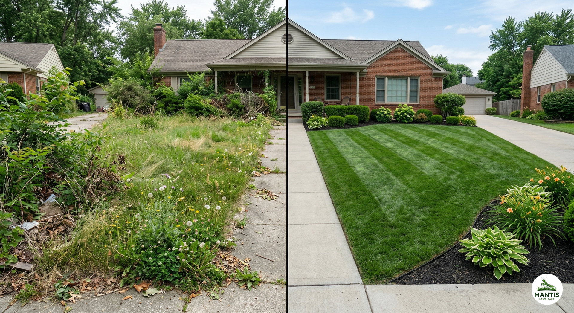 Full property transformation before and after — Mantis Lawn Care Rochester MI