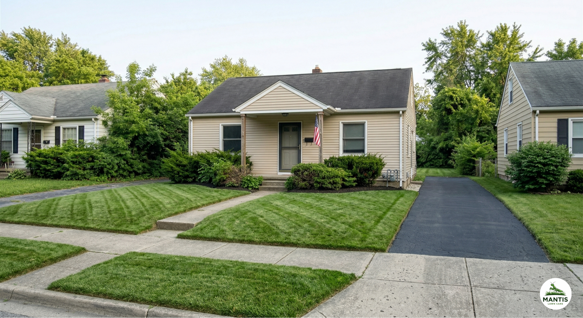 Clean striped front yard after Mantis Lawn Care