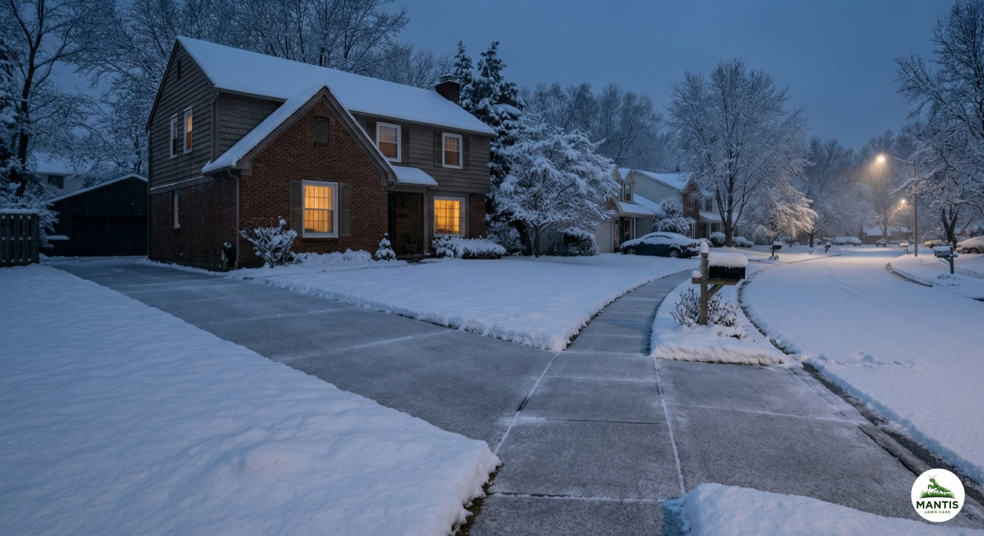 Clean cleared driveway at night after snow removal