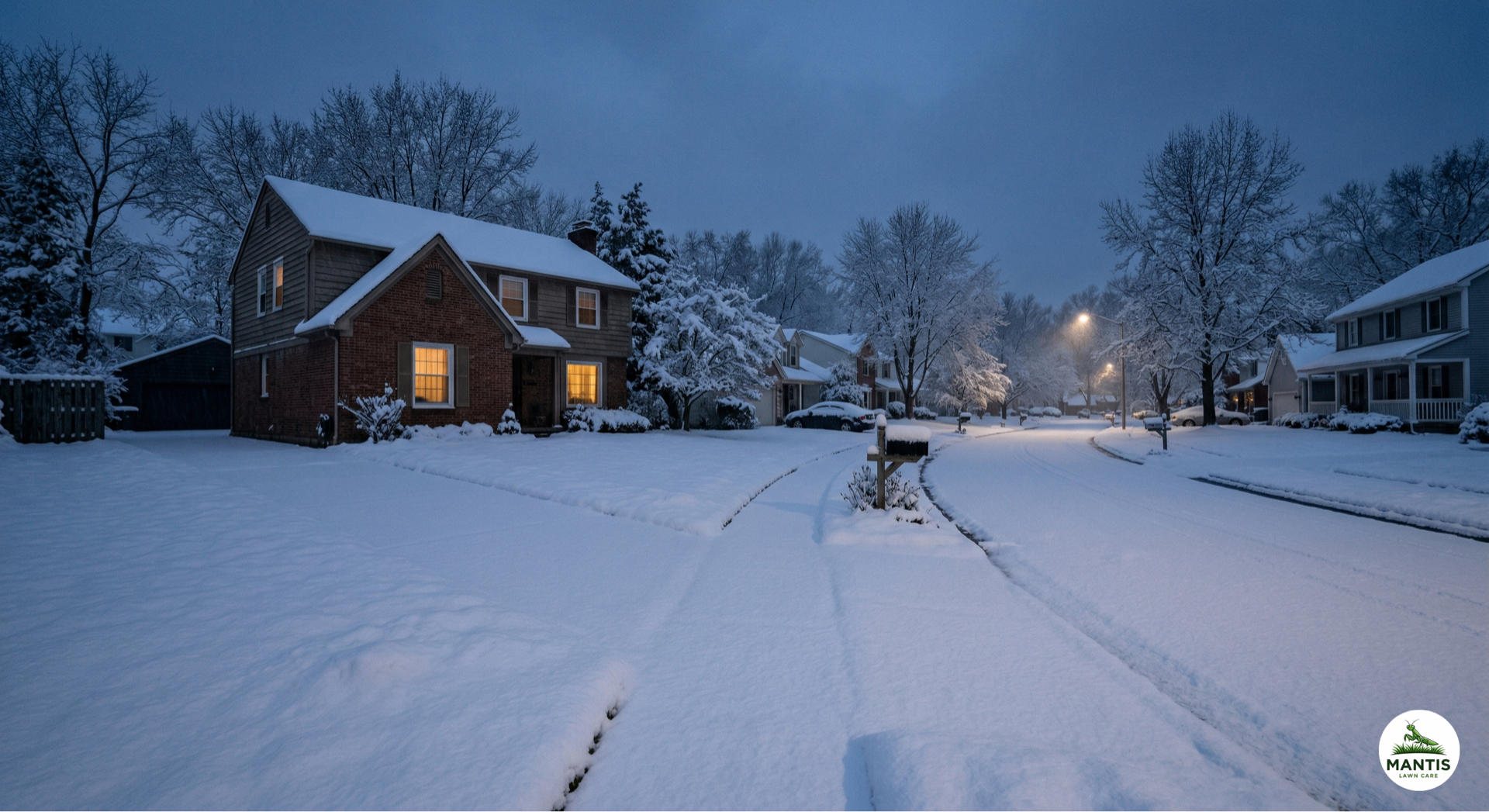 Snow-covered neighborhood driveway before service